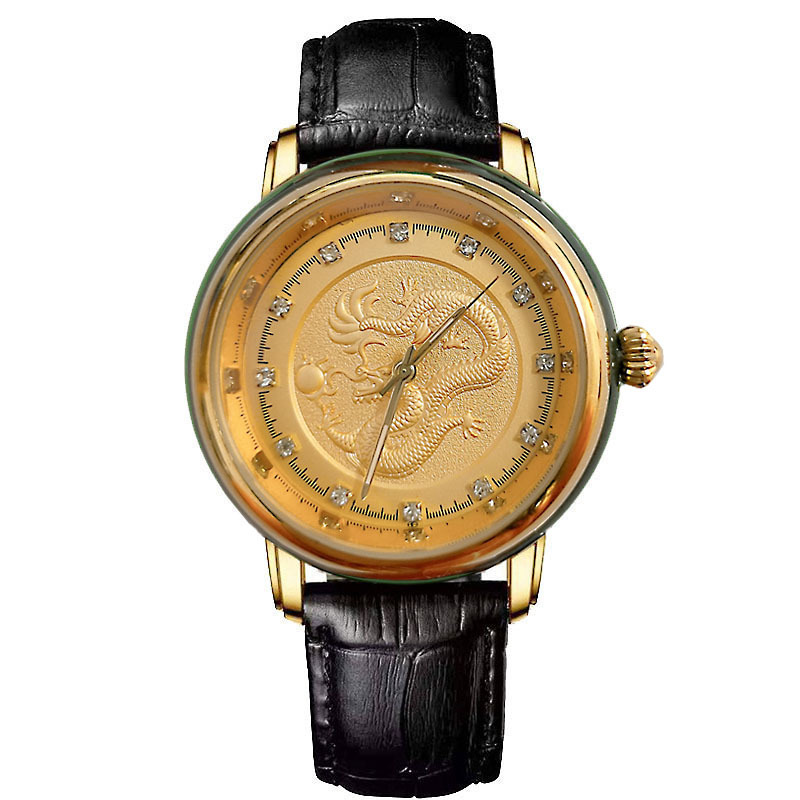 加工定制爆款新疆和田玉龙表 男女款龙凤浮雕情侣皮带手表男腕表