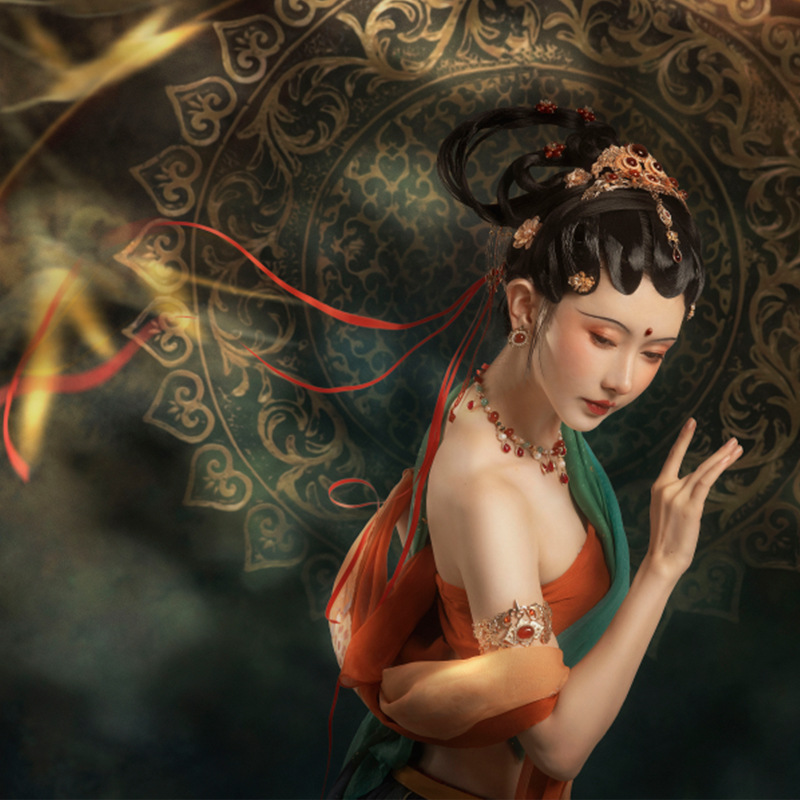 敦煌飞天女复古披帛抹胸挂肩女红色全套夏季创意款原创裙子