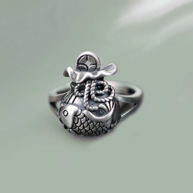 鲤鱼福袋铜钱戒指泰银做旧气质个性小鱼锦鲤开口食指环电商货源