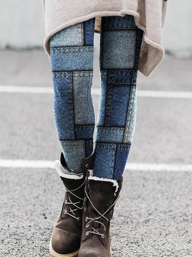 2021秋季跨境 欧美外贸 时尚磨毛仿牛仔印花修身显瘦靴裤长裤女装