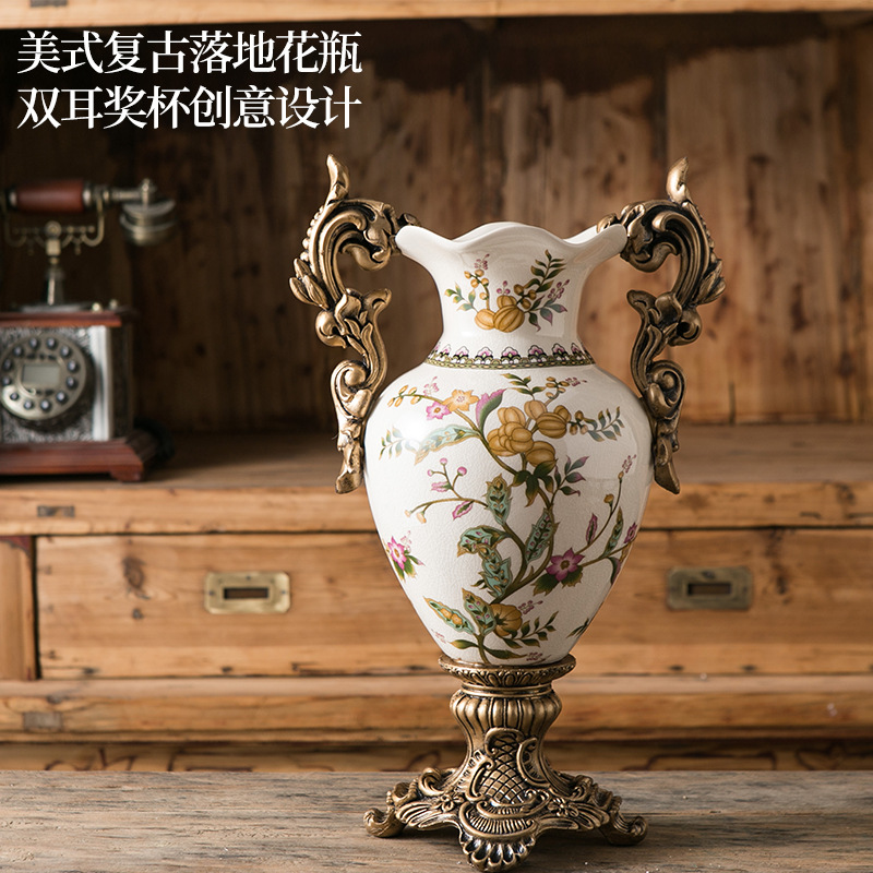 creative european-style binaural trophy-shaped floor-standing ceramic vase crafts american retro furnishings ceramic decorative vase
