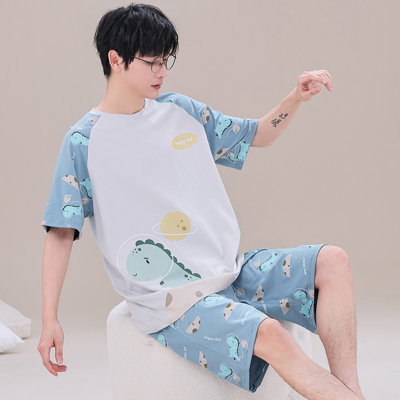 Short-Sleeved Shorts Men's Pajamas Homewear Suit Can Be Worn outside Summer New Cotton Youth Cartoon Casual Student