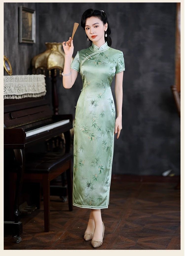 正品真丝桑蚕丝旗袍裙长款复古洋气年轻气质高贵典雅日常修身款夏