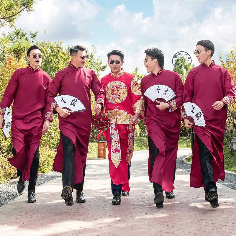 中式婚礼伴郎伴娘服装男士长衫兄弟团礼服结婚国风唐装大褂马褂