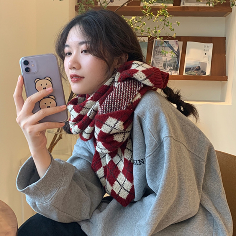 Knitted Plaid Scarf Women's Autumn and Winter Korean Style Versatile Student Cute Girl Warm Thick Wool Scarf Men's Fashion