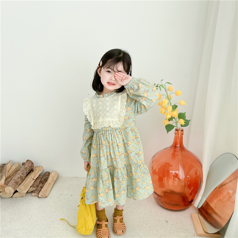 田园风~韩国童装女童春秋森系碎花方领蕾丝长袖连衣裙