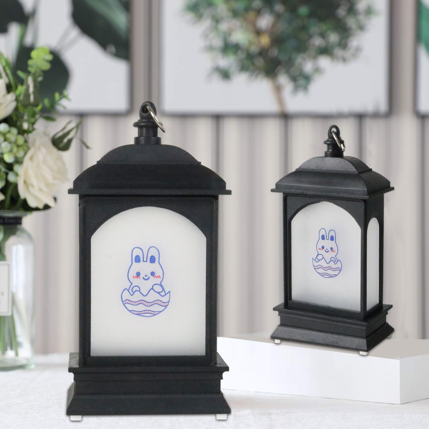 复活节装饰创意家居摆件礼品 印刷兔子小风灯led发光电子小夜灯