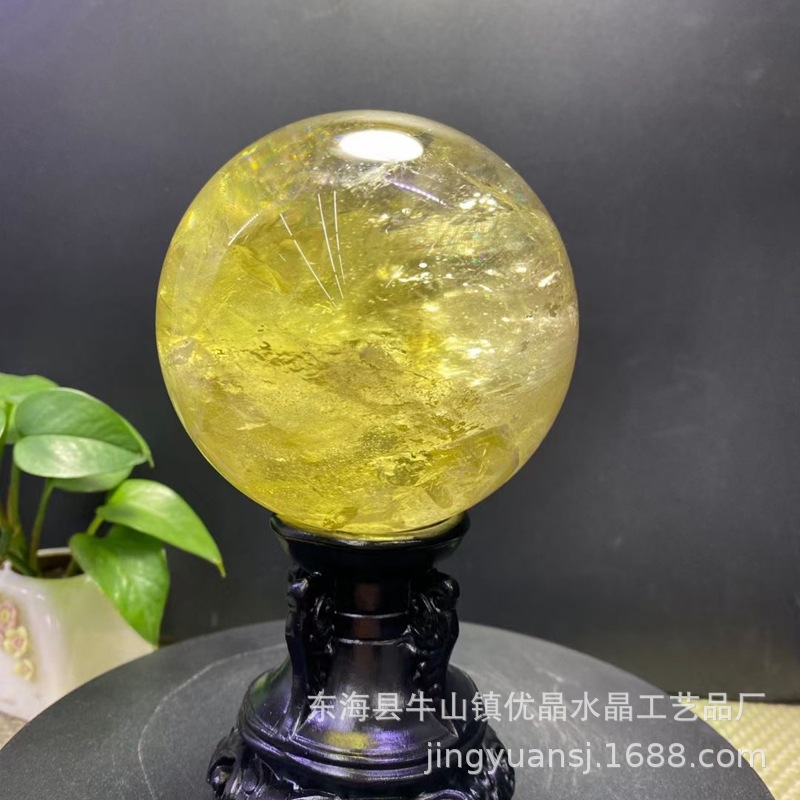 天然黄水晶球摆件 水晶球黄色圆球居家办公七星阵东海