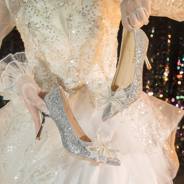 主婚纱婚鞋冬季女2023年新款新娘鞋水晶婚礼高跟鞋金色亮片鞋