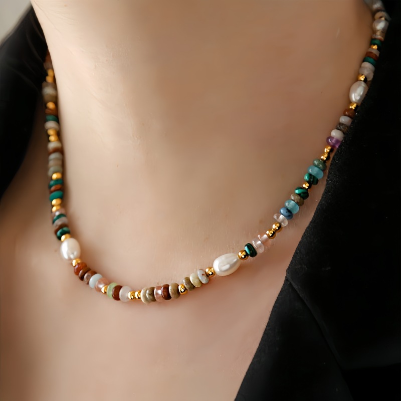 复古彩色波西米亚算盘珠石头项链手工串珠高级感个性珍珠锁骨链女