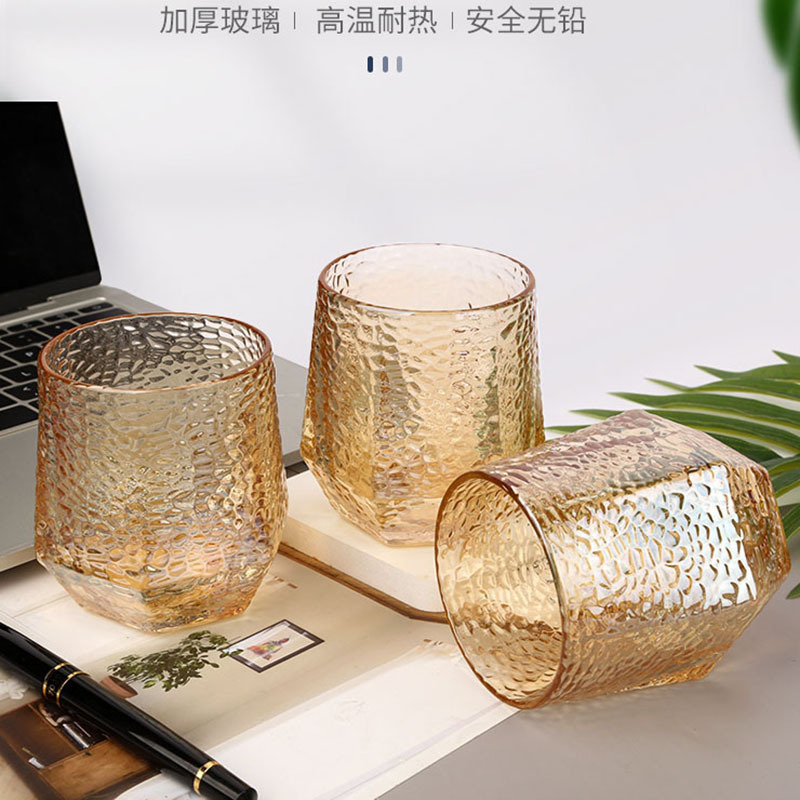 Amber Good-looking Hammered Pattern Glass Wholesale Creative Personality Ins Trend Wine Glass Tea Cup Hexagonal Glass Water Cup
