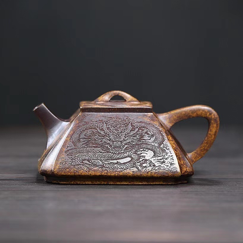 四方抽角 宜兴紫砂壶原矿龙骨金砂匠心手制精美紫砂茶壶产地 石瓢