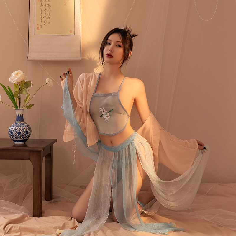 National Fashion Antique Embroidery Sexy Lingerie See-through Passion Temptation Bed Hanfu No Undressing Apron Pajamas Suit