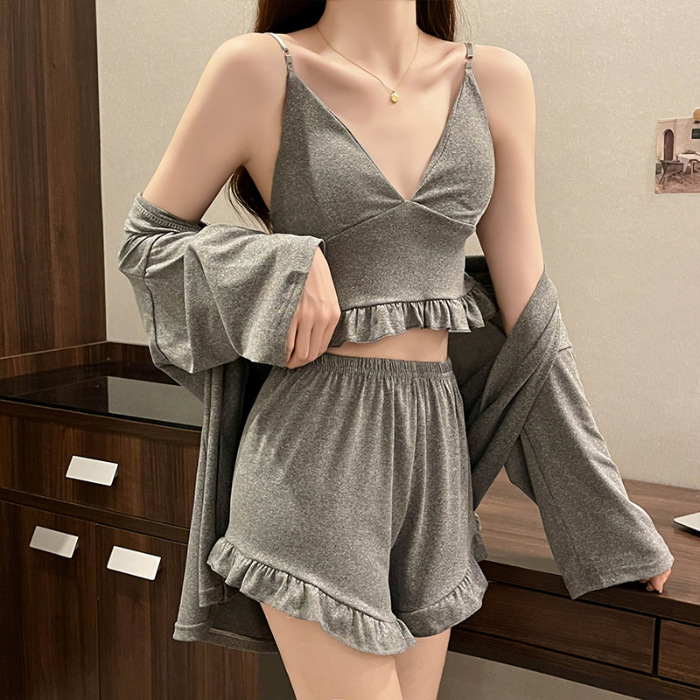 Women's Suspender Pajamas Summer 2024 New Spring and Summer Small Sexy with Breast Pad Pink Long Sleeve Coat Shorts Three-Piece Set