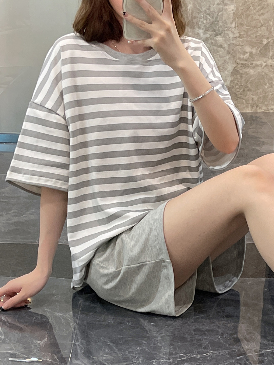 Pajamas Women's Summer Cotton 2022 New Short Sleeve Thin Striped Summer Leisure Outerwear Homewear Suit