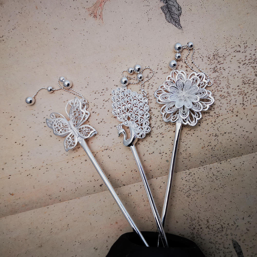 盘发银簪子纯银999发簪古代古风发饰一字素簪步摇汉服女丸子头饰