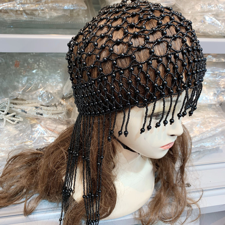 新款新娘珍珠米珠流苏帽子纯手串珠超仙韩式结婚造型写真影楼头饰