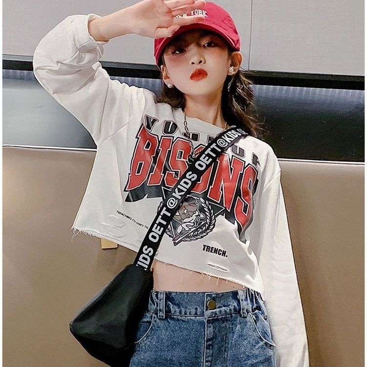 女童短款上衣春秋韩版网红炸街超酷拽姐打底衫破洞儿童长袖t恤潮