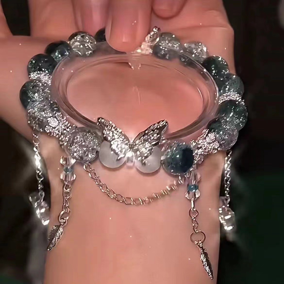 绿爆裂珠手串凤尾蝶小众手链高级感显白气质diy手链周边国风手串