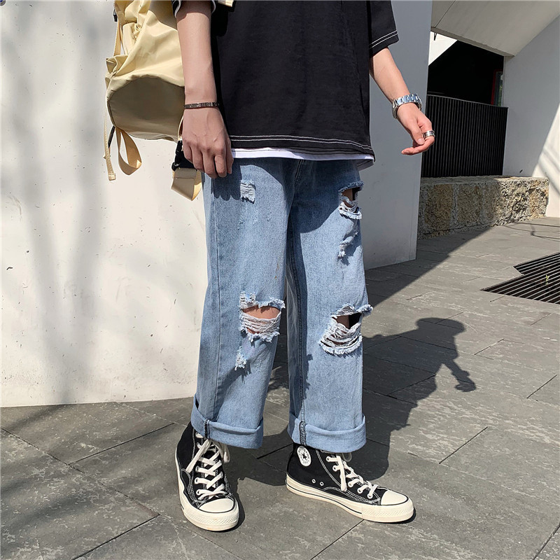 秋季男生裤子ins潮牌港风破洞牛仔裤宽松直筒九分裤潮流9分乞丐裤