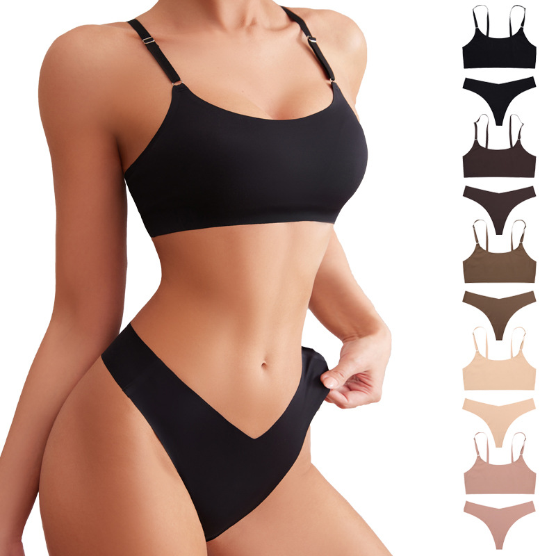 Plus Size Underwear Suit Women's Small Breast Size Exaggerating Bra Wireless Thin Underwear Matching Sexy T-Back Wholesale