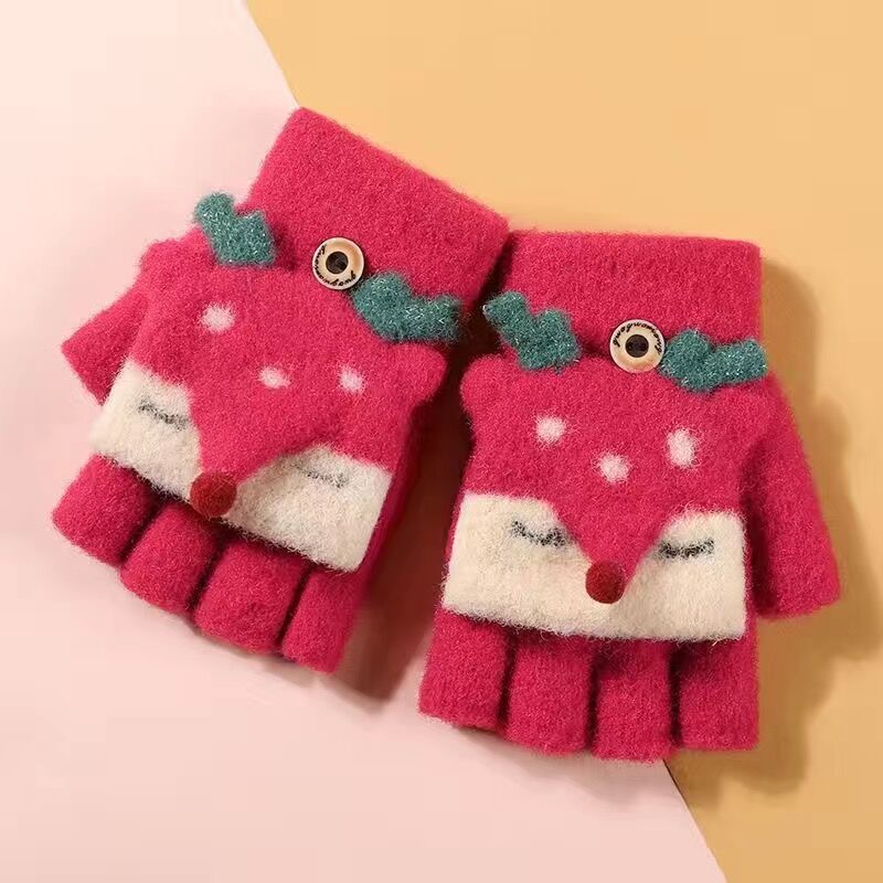 儿童手套冬季保暖加厚男女童针织卡通翻盖两用小孩半指学生写字厚