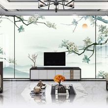 3d新中式中国风山水电视背景墙壁纸金色客厅无缝影视墙布装饰壁画