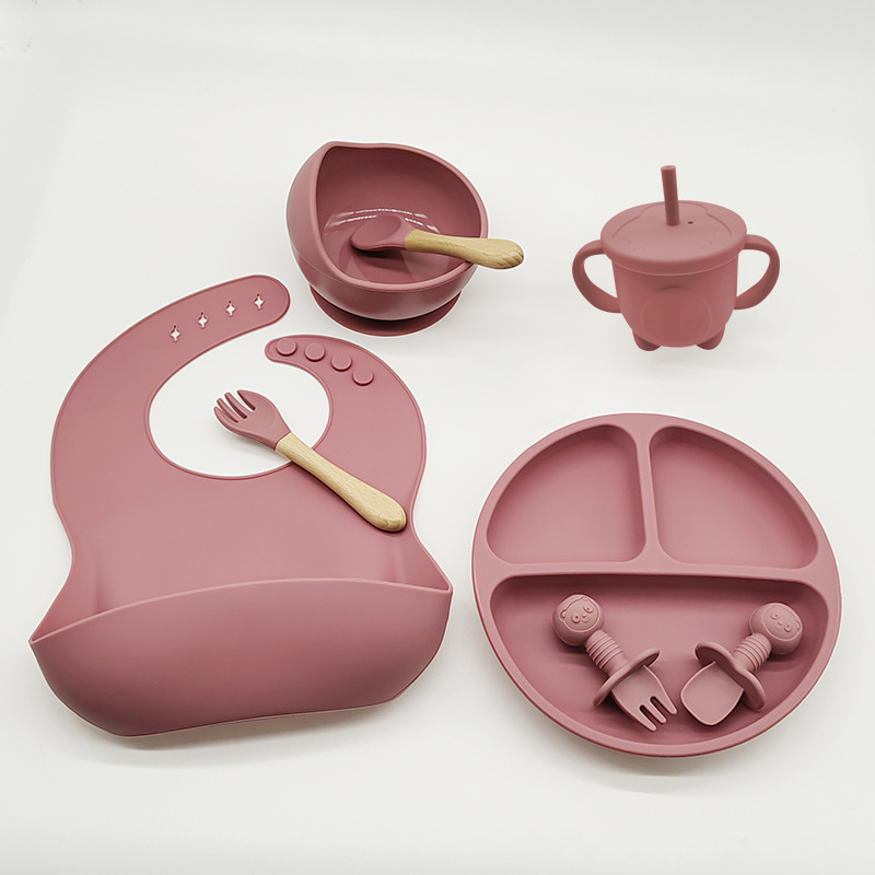 Children's Tableware Set Baby Food Supplement Eat Training Silicone Tableware Eight-Piece Set Babies' Sucking Bowl Maternal and Child Supplies