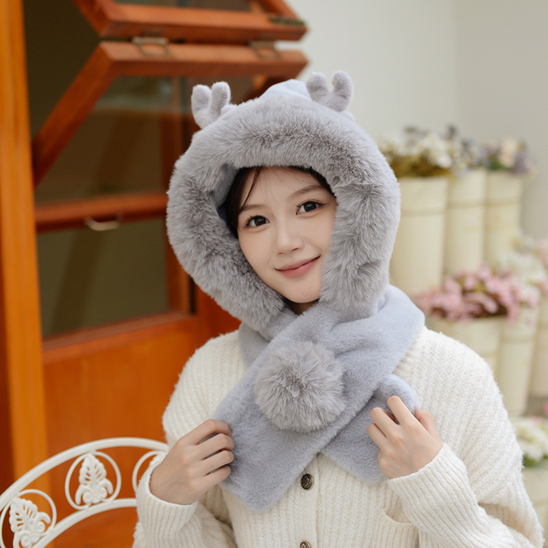 2023 Winter Antlers Hat Scarf Two-in-One Cute Warm Thickened Fleece Cross Scarf and Hat One