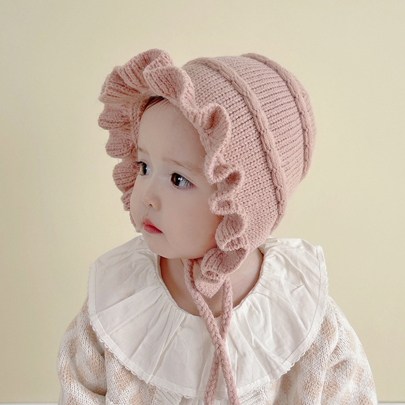 婴儿帽子秋冬保暖可爱超萌女宝宝毛线帽儿童针织公主花边护耳帽潮