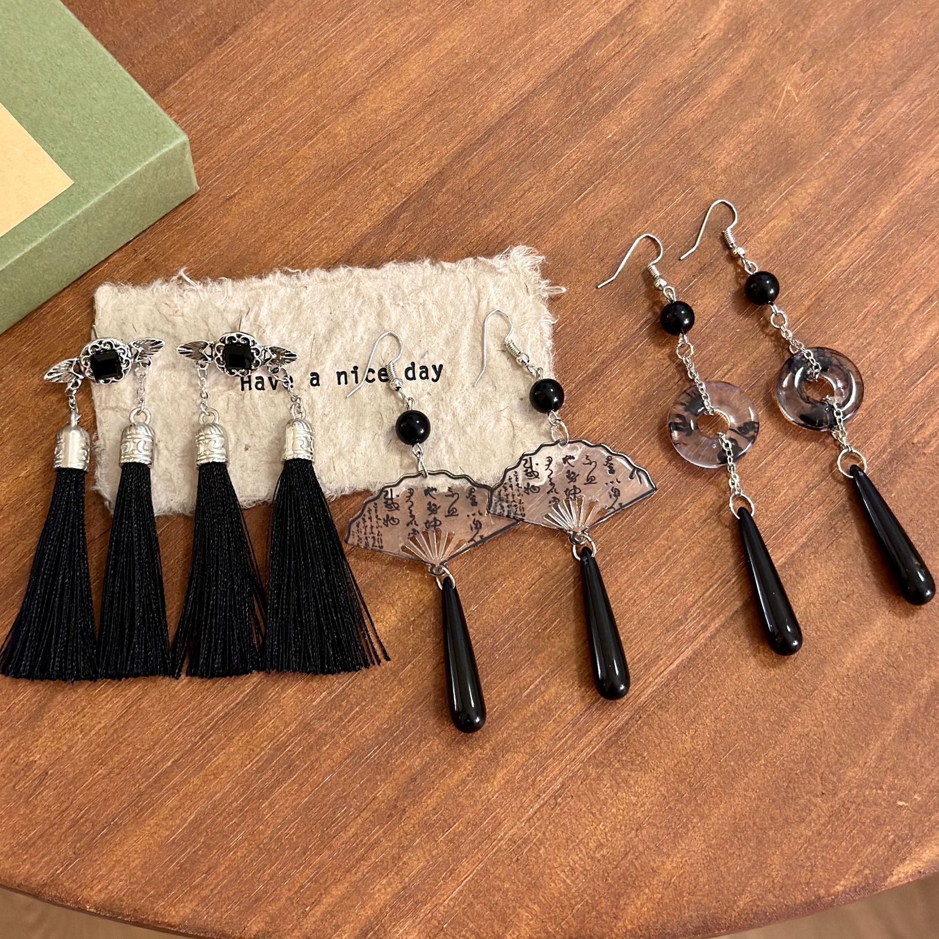 新中式黑色扇形平安扣水滴流苏耳环女古风汉服配饰旗袍耳坠耳饰女