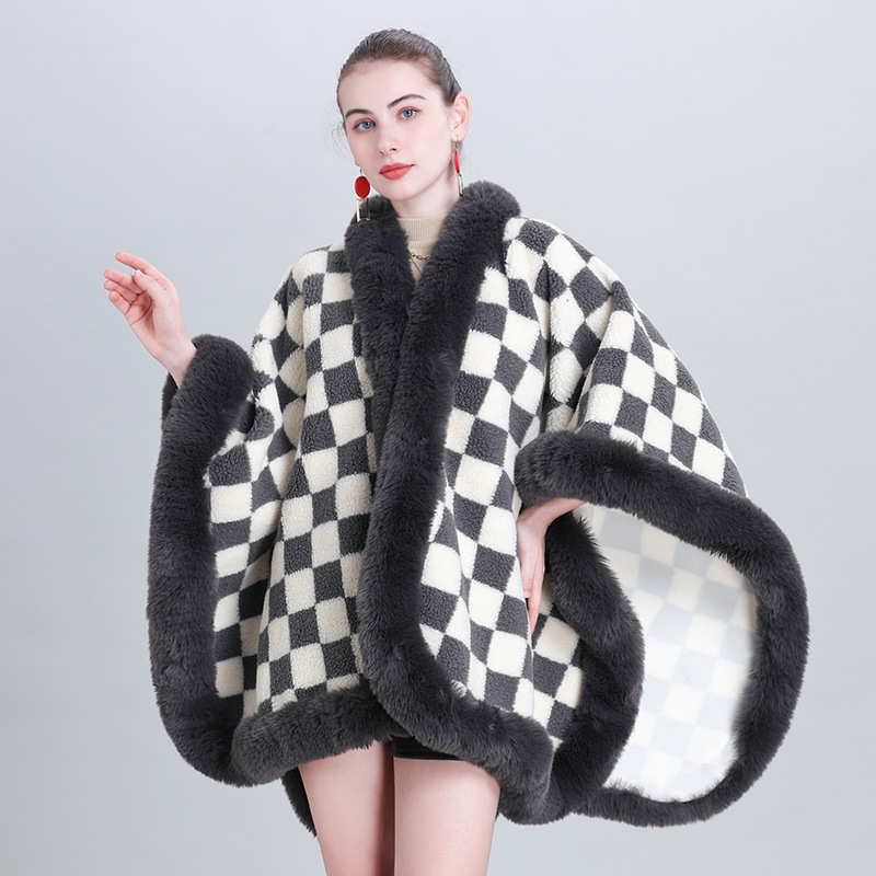 Live Broadcast Supply EU and South Korea Autumn and Winter Fashion New Scarf Shawl Thickened Plaid Fur Collar Cape and Shawl 0982#