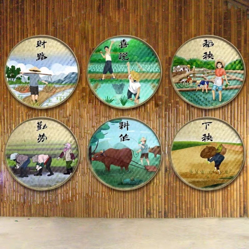 手绘簸箕画墙壁装饰画竹编制品农耕文化挂画