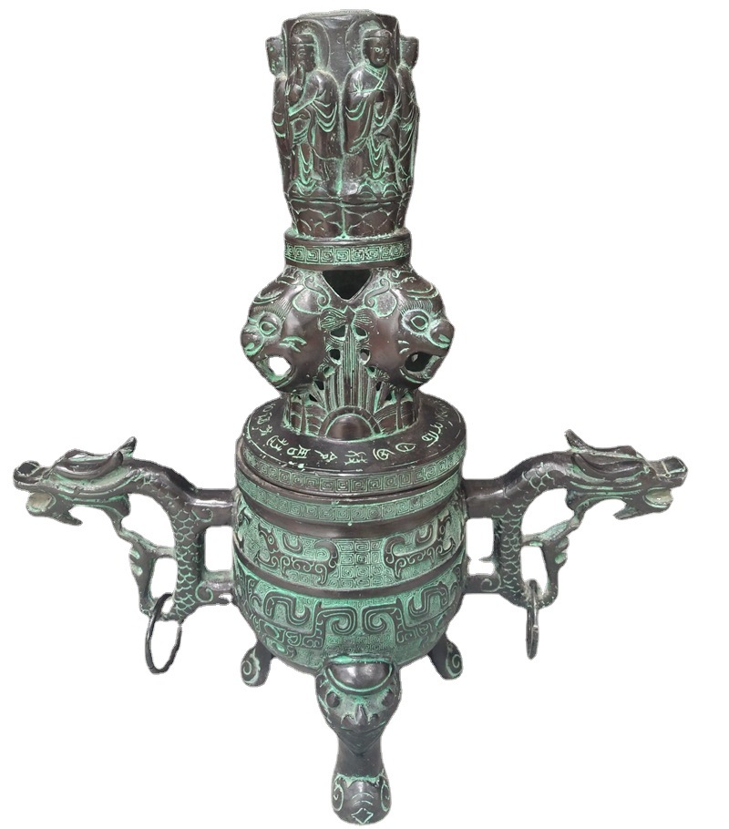 热卖古董古玩回流仿古装饰做旧电影道具双龙熏香炉摆件青铜器