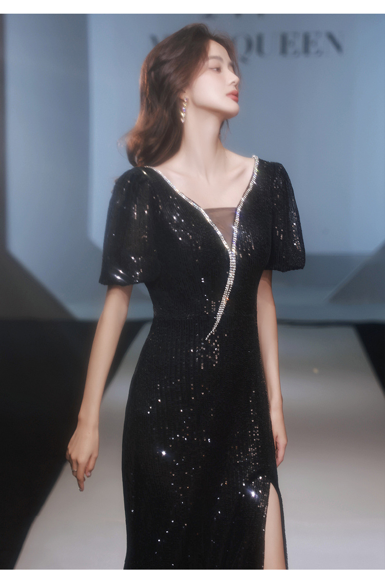 简约年会晚礼服气质显瘦2022新款宴会主持走秀黑色开叉鱼尾礼服裙