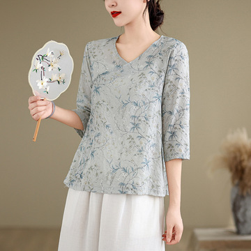 中国风棉麻印花衬衫女夏季薄款斜襟v领套头小衫妈妈显瘦麻料上衣