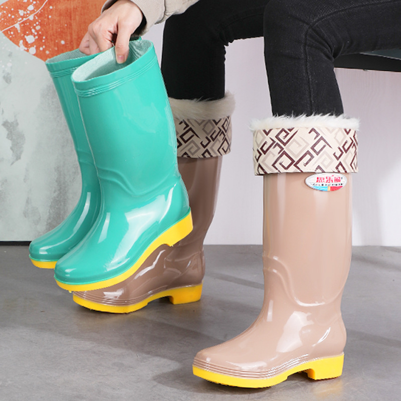 Waterproof Women's Fleece-Lined Knee-High Rain Boots Women's Wholesale Pvc Tendon Bottom Kitchen Work Cotton-Padded Long Rain Boots Women