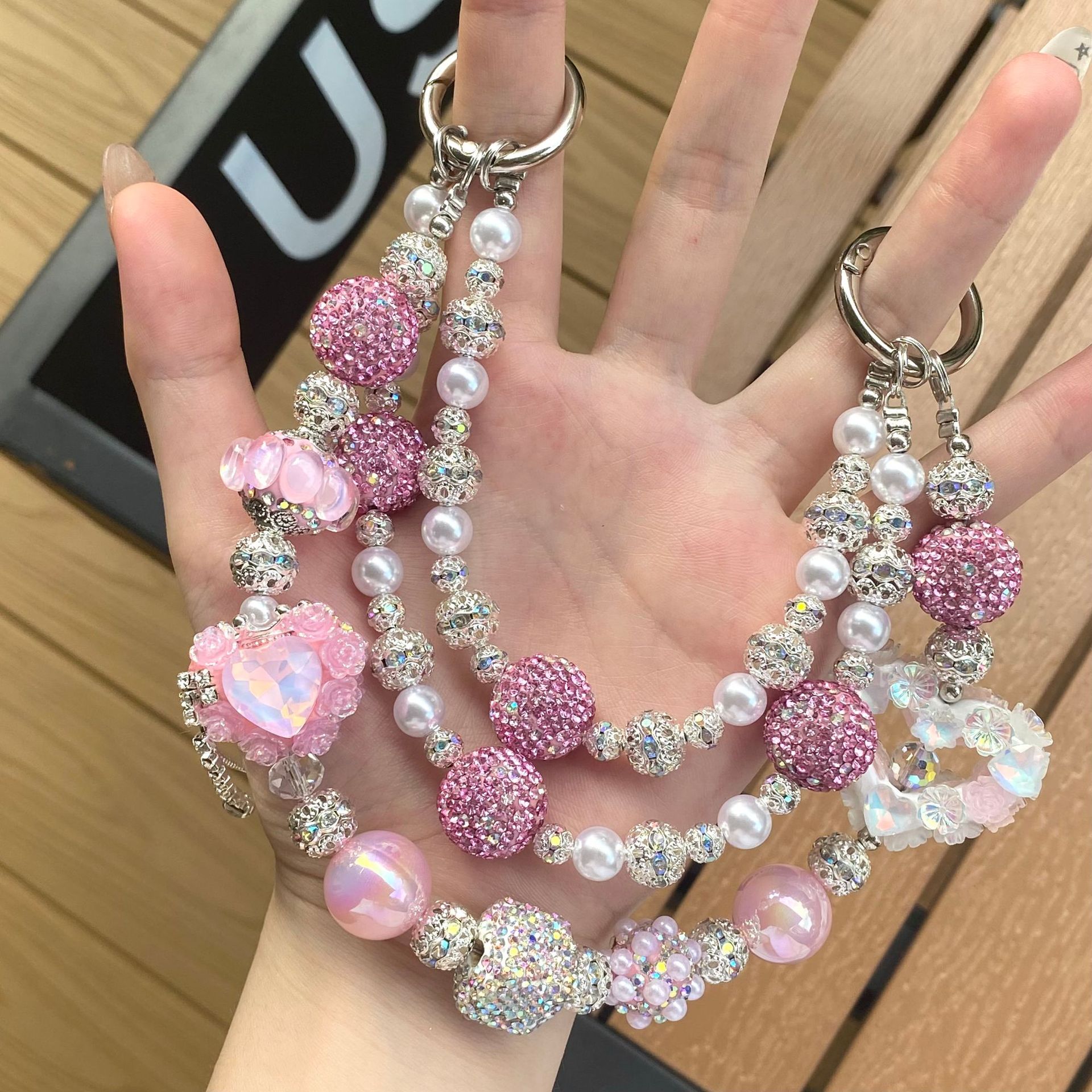 满钻粉色系列手机链挂饰高级感挂件珍珠串珠粉色桃心流苏手机挂链