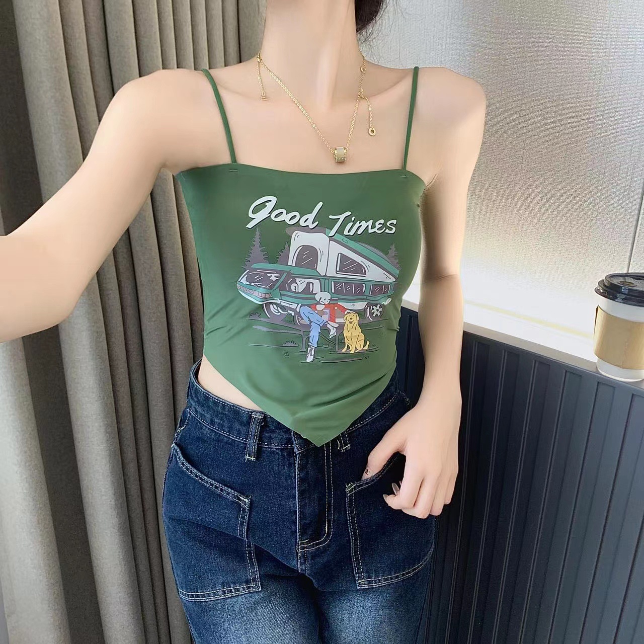 New American Retro Pattern Design Sense Outer and Inner Wear Match Seamless Ice Silk Small Sling Backless Crop-Top Bandeau Underwear