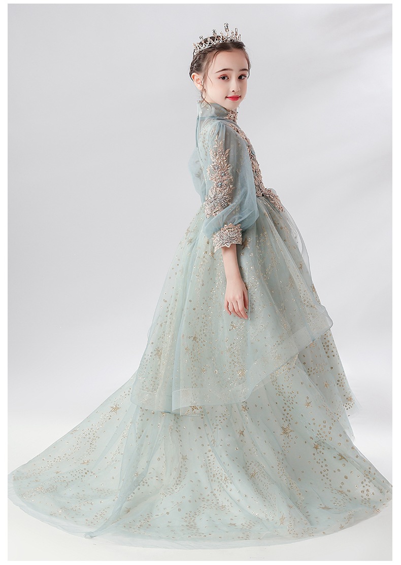 儿童晚礼服花童公主裙女童蓬蓬纱超长婚纱拖尾高端钢琴演出服走秀