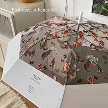 现货批发小红书同款油画猫咪透明伞全自动长柄伞彩色塑料伞雨伞