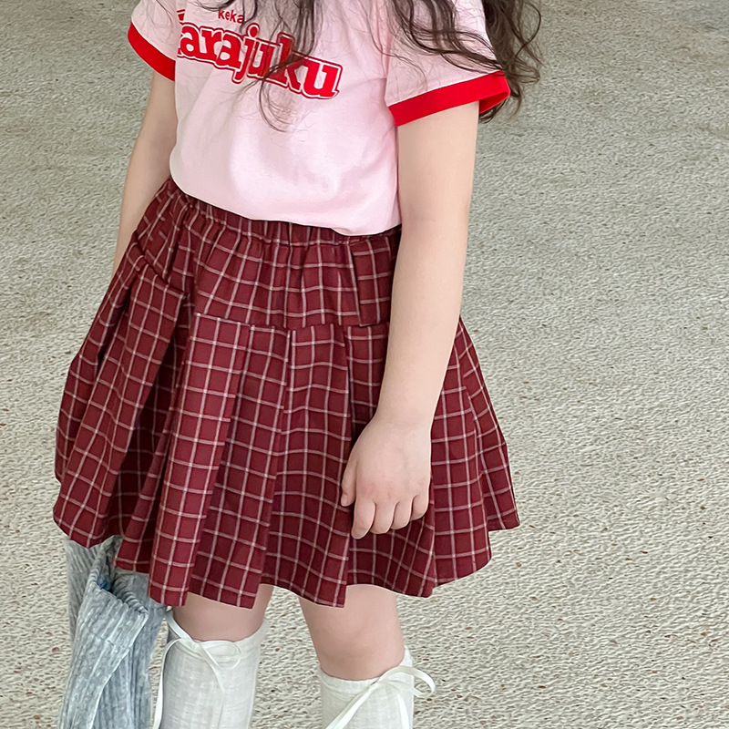 女童韩版裙子2024夏季新款儿童洋气格子百褶裙中大童夏装薄款短裙
