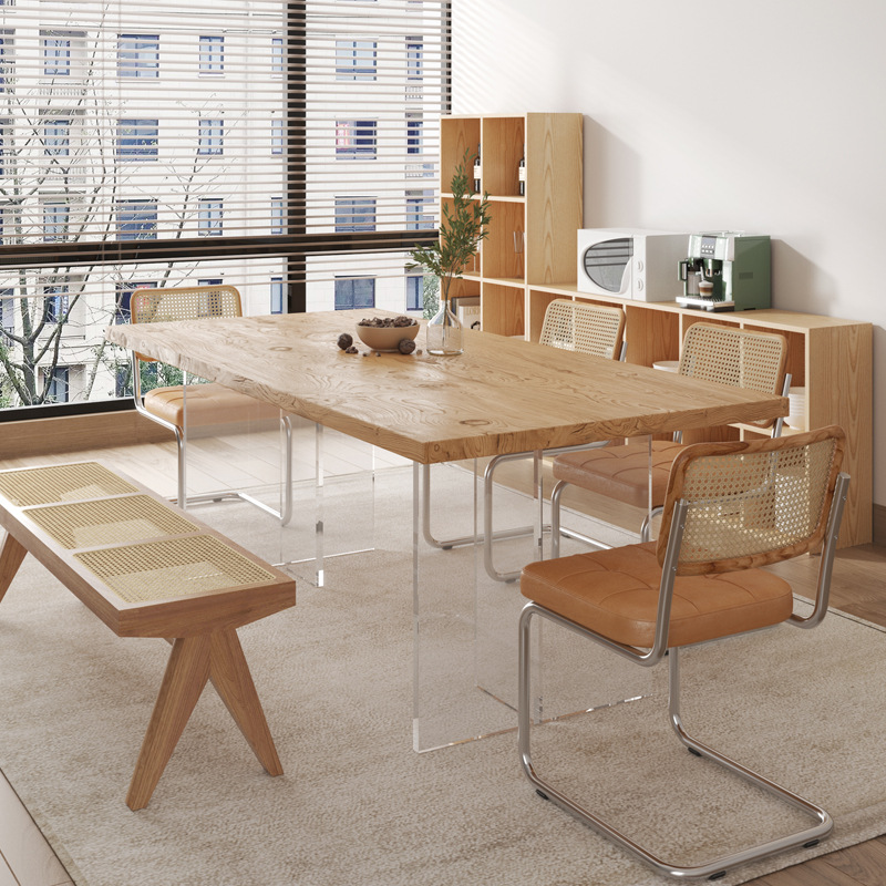 实木悬浮餐桌家用德利丰金丝楠木纹岩板简约中古原木风餐厅吃饭桌