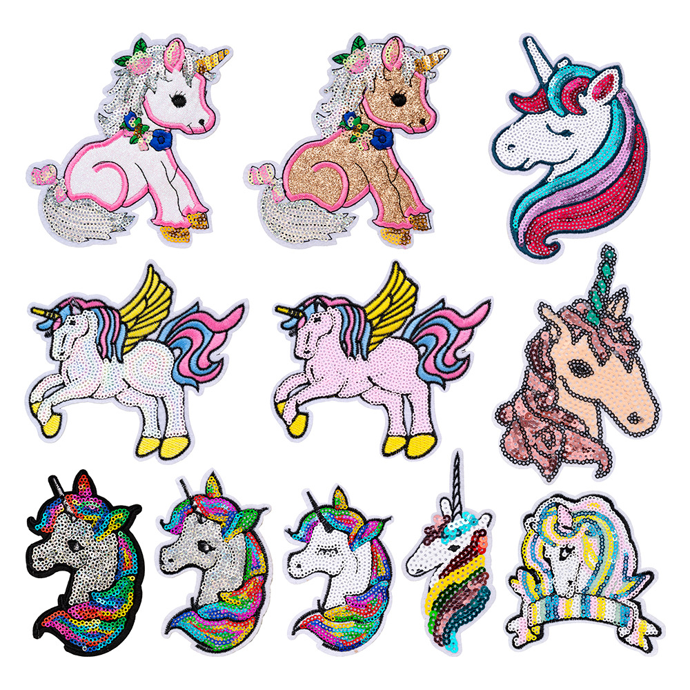 亮片飞马独角兽电脑绣花可爱卡通小马驹刺绣布贴衣服装饰徽章贴布