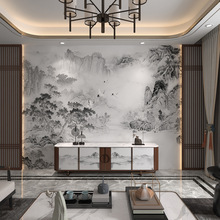 新中式客厅电视背景墙纸水墨山水卧室3d立体壁纸无缝影视墙布壁画