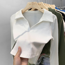 秋冬短款polo衫设计感小众V领锁骨内搭针织白色上衣修身长袖T恤