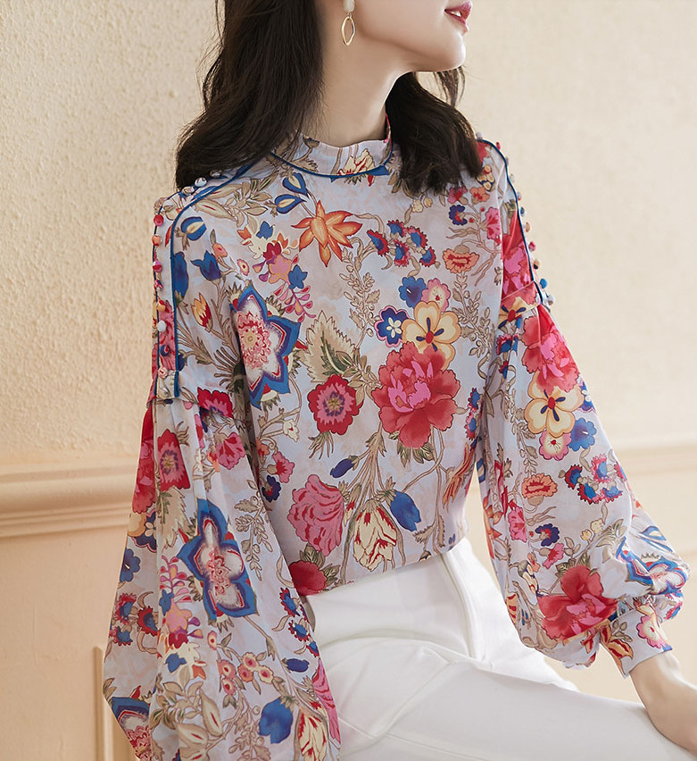 重磅真丝衬衫女长袖2021年春季时尚印花衬衣立领灯笼袖桑蚕丝上衣