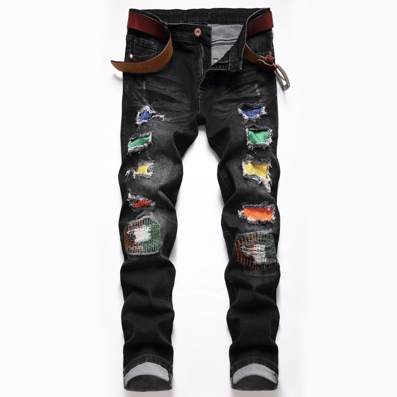 。。  European and American Foreign Trade Men's Jeans Slim Straight Washed Ripped Color Stitching Patchwork Rhinestone Denim Trousers