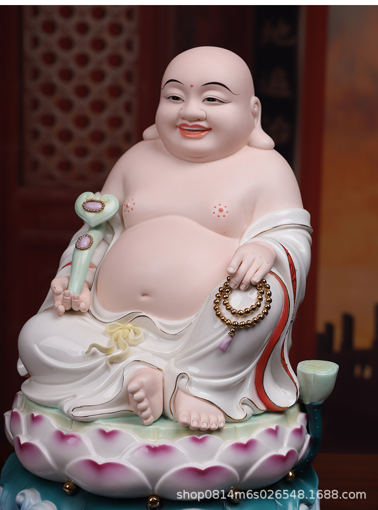 菩语阁全堂佛家用坐莲弥勒笑佛招财进宝大肚佛弥勒摆件红衣小火彩