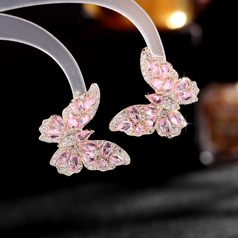 New European and American Earrings Heavy Industry High-Grade Color Zircon Earrings Female Atmosphere Sterling Silver Needle Three-Dimensional Butterfly Studs